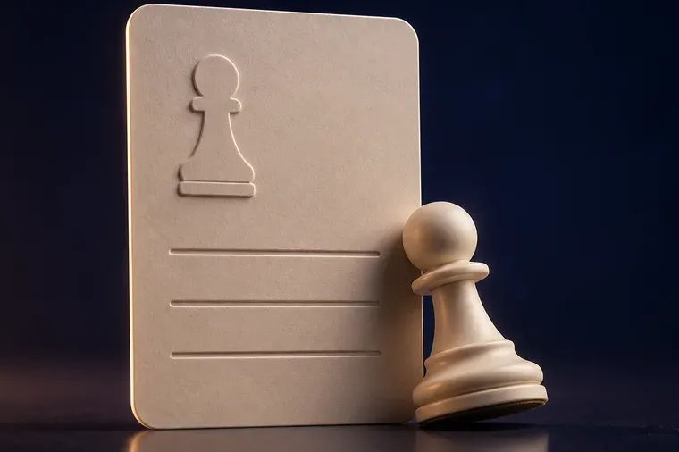 A login card with a pawn embossed on it, next to a white pawn