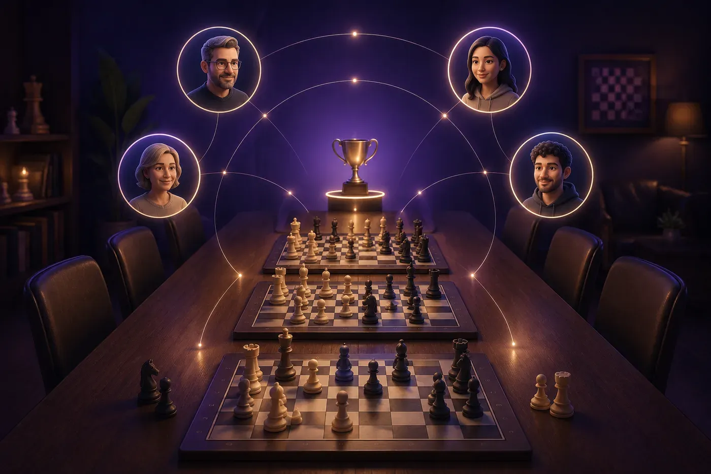 A club table with three chess boards, a trophy and four club members around it