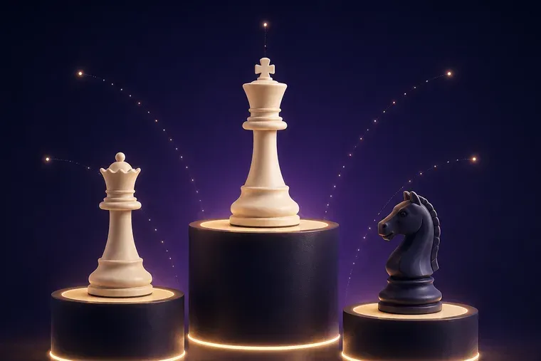 Three lit plinths holding a king, a queen and a knight