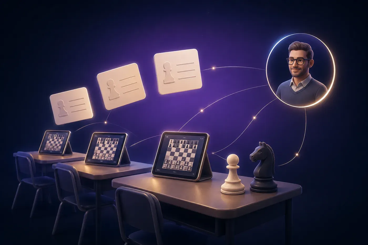 School desks with tablets showing a chess board, with login cards and the supervisor